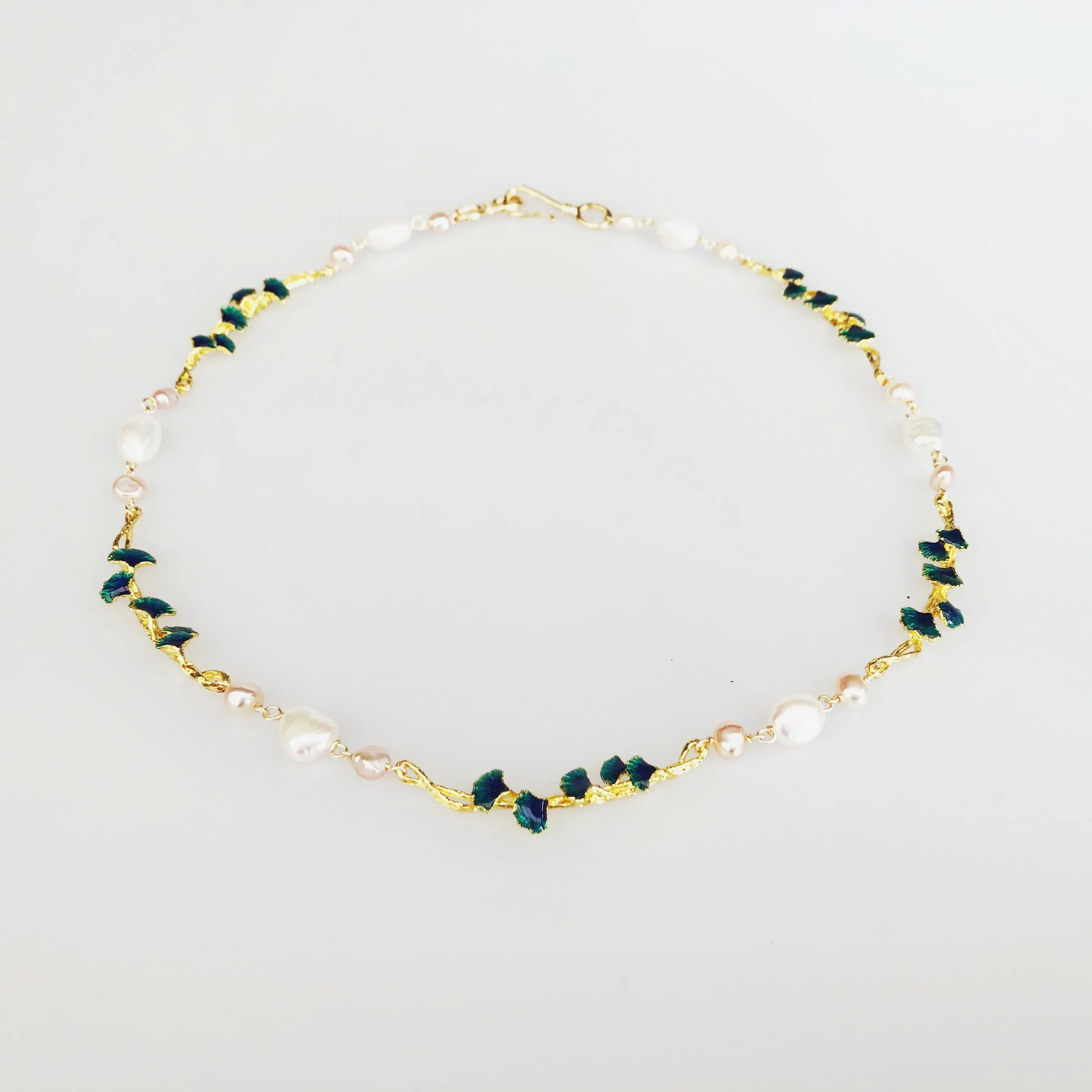 Gold Enamel Vine Pearl Necklace and Earring Set