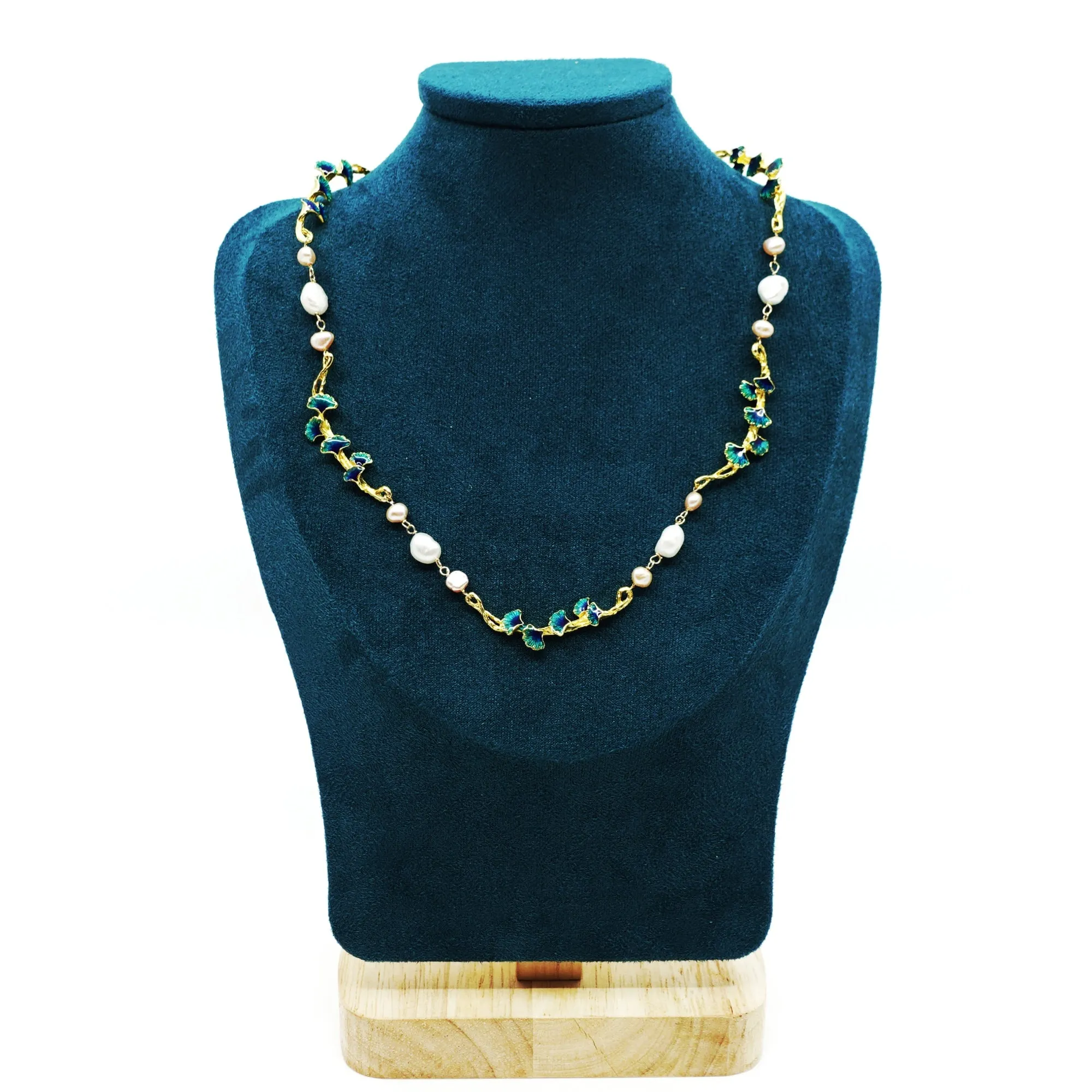 Gold Enamel Vine Pearl Necklace and Earring Set