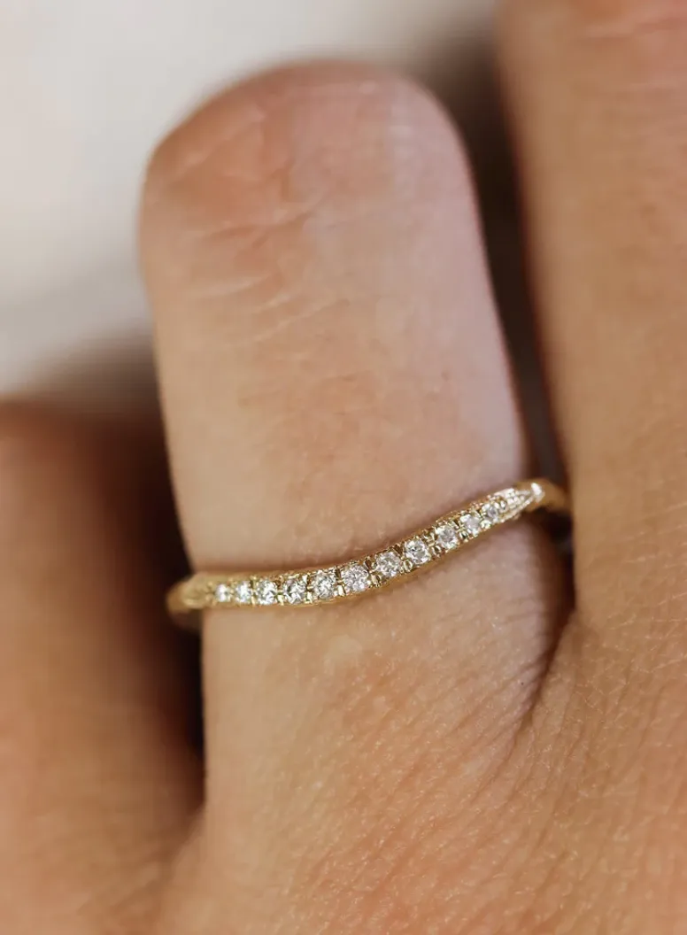 Gold Textured Diamond Milgrain Contour Band