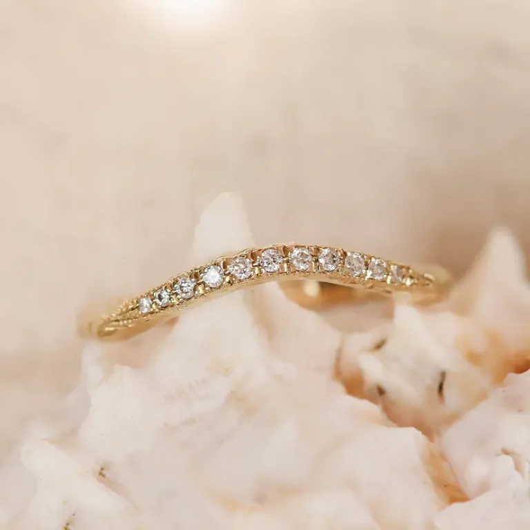 Gold Textured Diamond Milgrain Contour Band