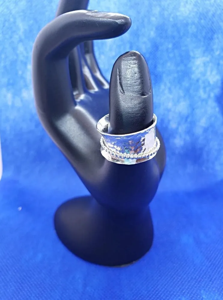 Handcrafted .925 Sterling Silver Spinner Ring with Hammered Texture & Bead Detail | Boho Statement Jewelry