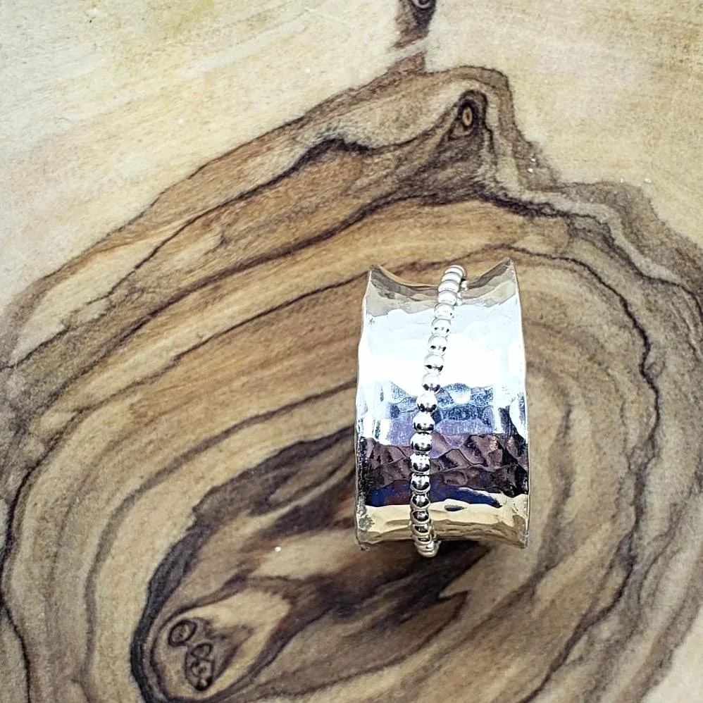 Handcrafted .925 Sterling Silver Spinner Ring with Hammered Texture & Bead Detail | Boho Statement Jewelry