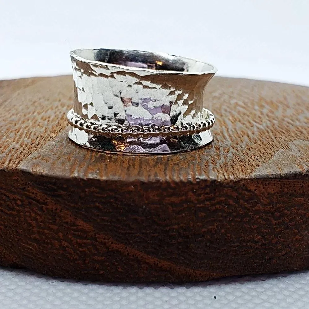 Handcrafted .925 Sterling Silver Spinner Ring with Hammered Texture & Bead Detail | Boho Statement Jewelry