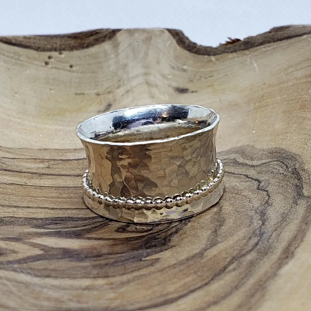 Handcrafted .925 Sterling Silver Spinner Ring with Hammered Texture & Bead Detail | Boho Statement Jewelry