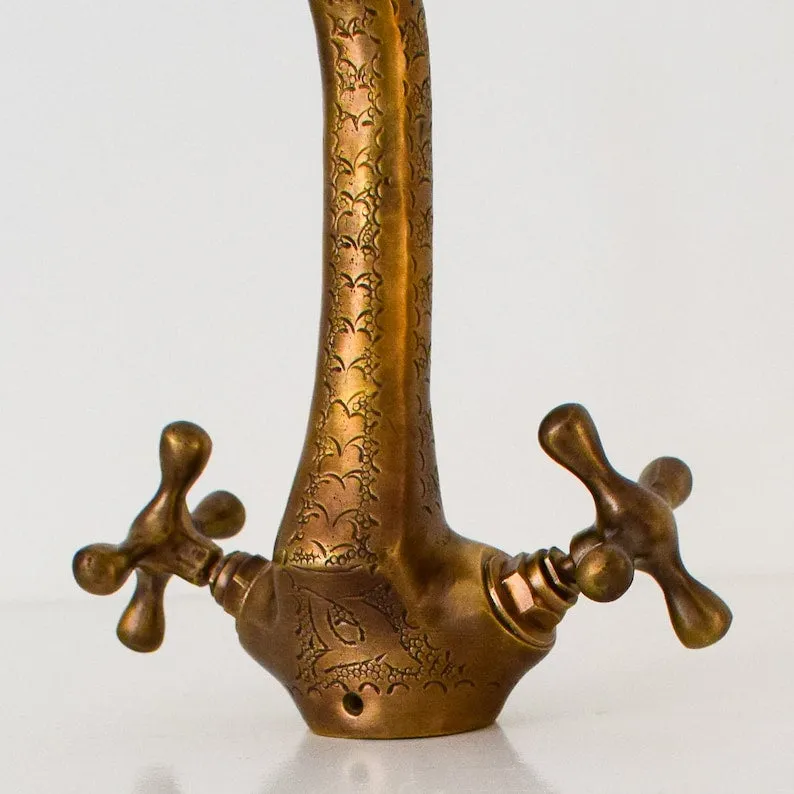 Handcrafted Vanity Sink Faucet Brass Faucet- Hammered Gooseneck with One Handle