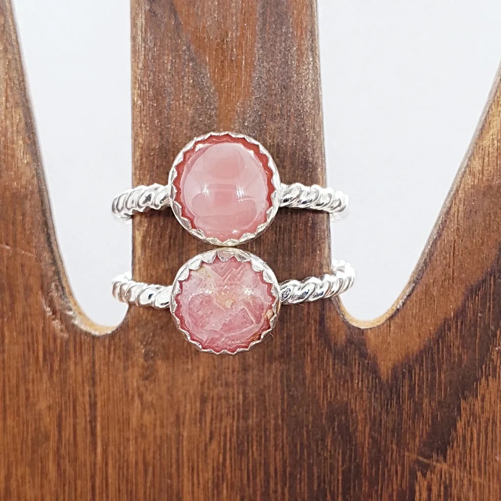 Handmade Sterling Silver Twisted Wire Ring with Rhodochrosite Cabochon – Heart & Love Healing