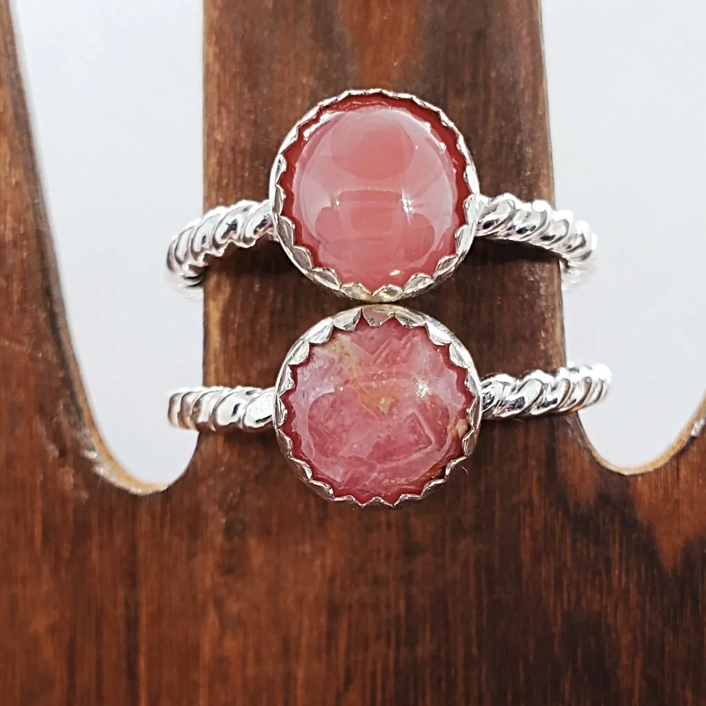 Handmade Sterling Silver Twisted Wire Ring with Rhodochrosite Cabochon – Heart & Love Healing
