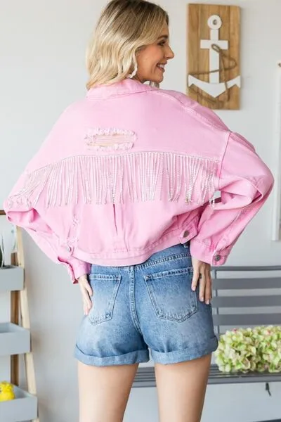 Hazel Blues® |  Veveret Fringe Distressed Button Up Denim Jacket