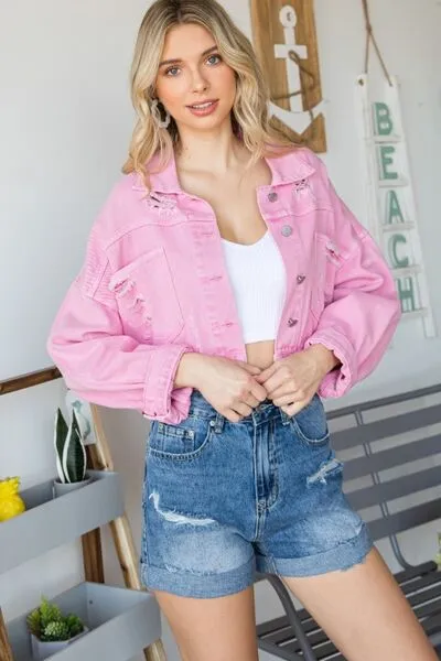 Hazel Blues® |  Veveret Fringe Distressed Button Up Denim Jacket