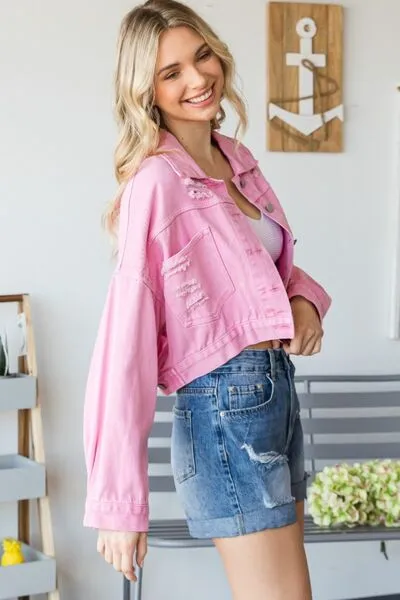 Hazel Blues® |  Veveret Fringe Distressed Button Up Denim Jacket