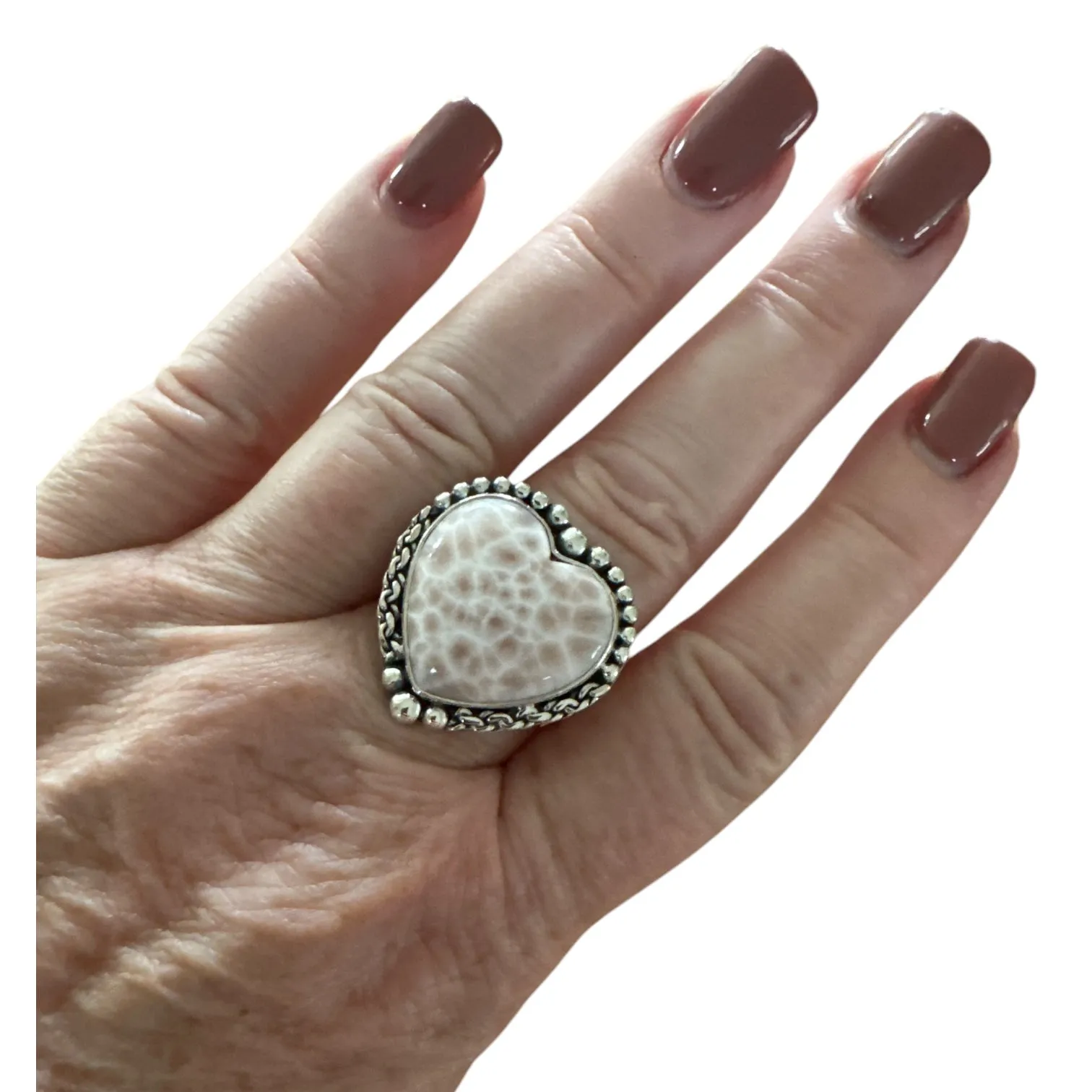 HEART Natrolite Solid 925 Sterling Silver Ring 8.5