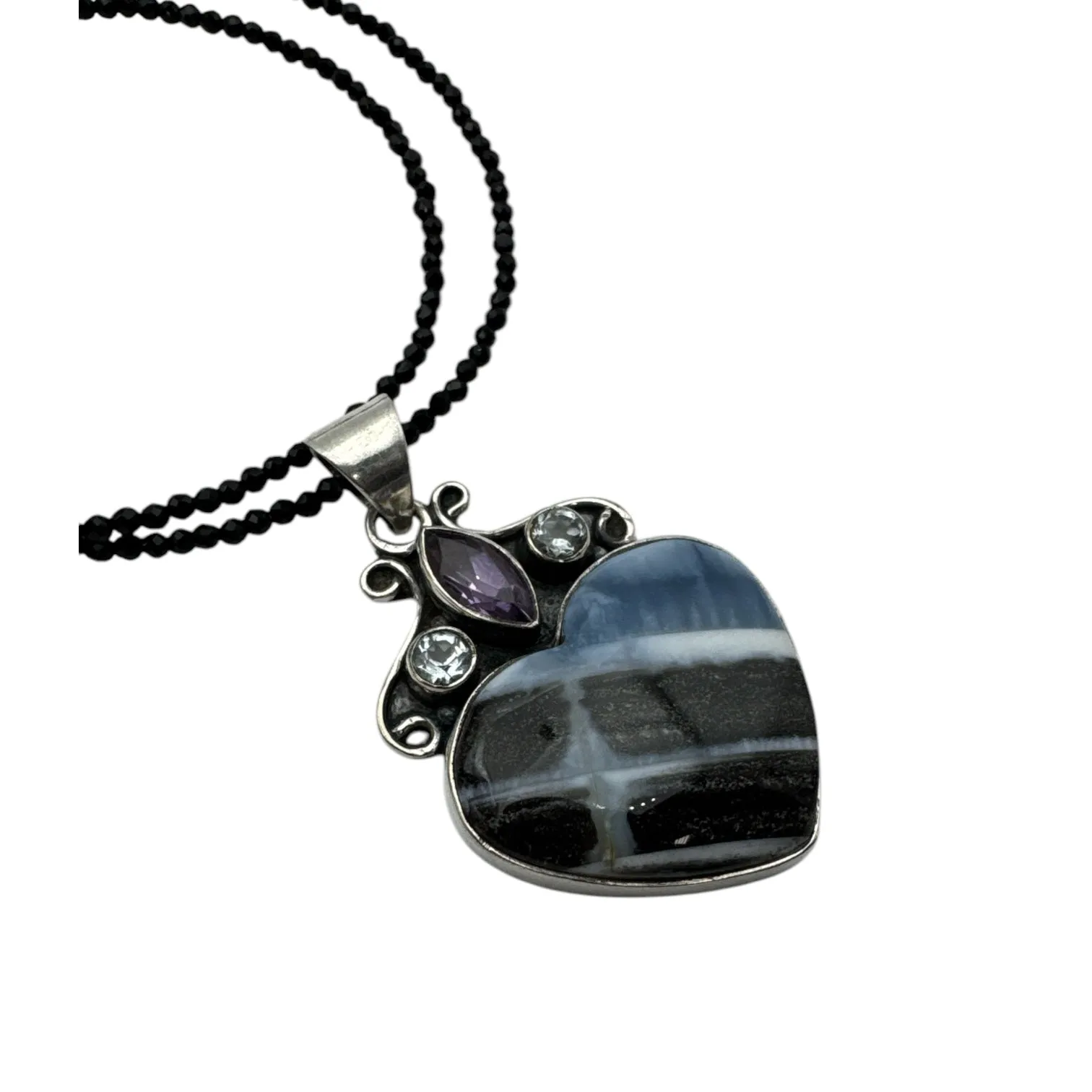 HEART Owyhee Opal Amethyst Blue Topaz Solid 925 Sterling Silver Pendant Necklace