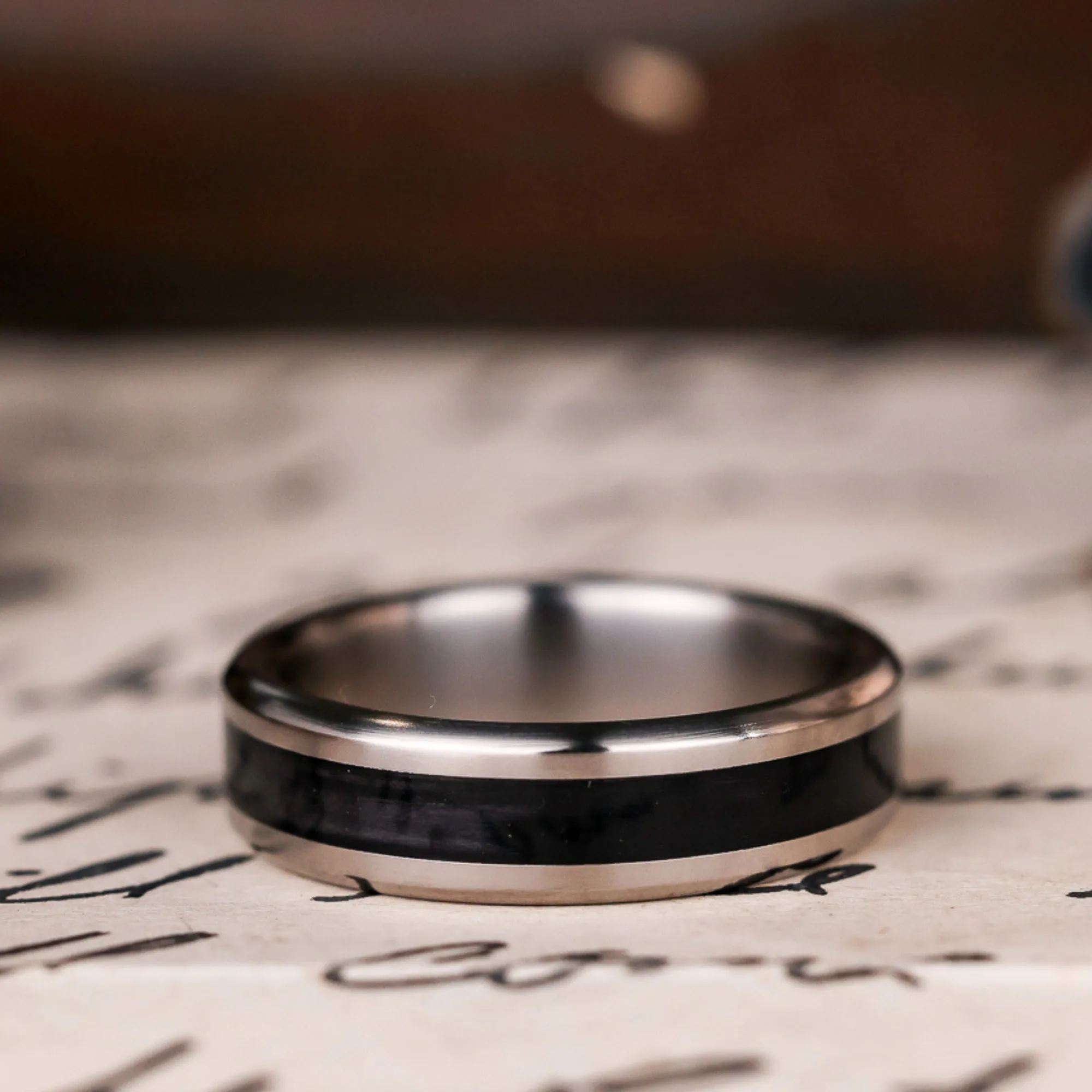 (In-Stock) The Speakeasy | Men's Black Whiskey Barrel Wood & Titanium Wedding Band - Size 8.5 | 6mm Wide
