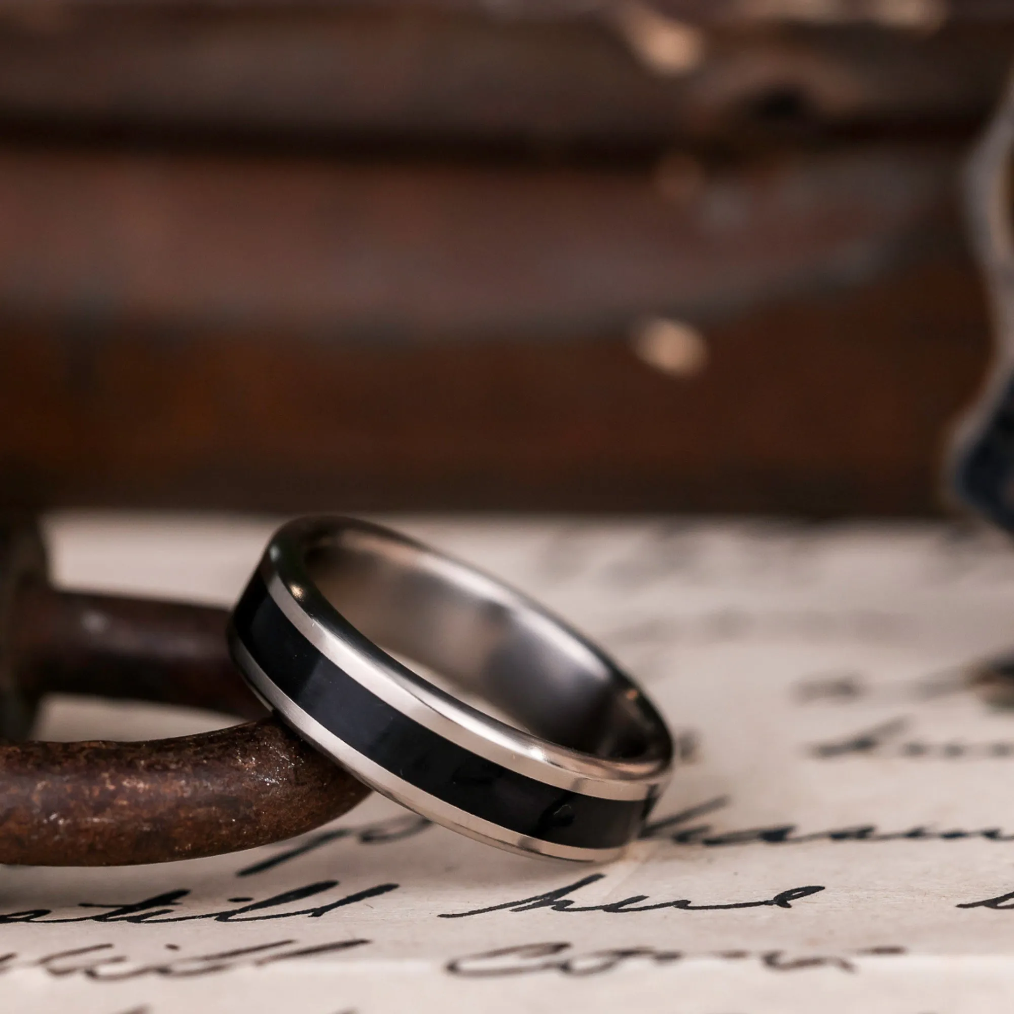 (In-Stock) The Speakeasy | Men's Black Whiskey Barrel Wood & Titanium Wedding Band - Size 8.5 | 6mm Wide