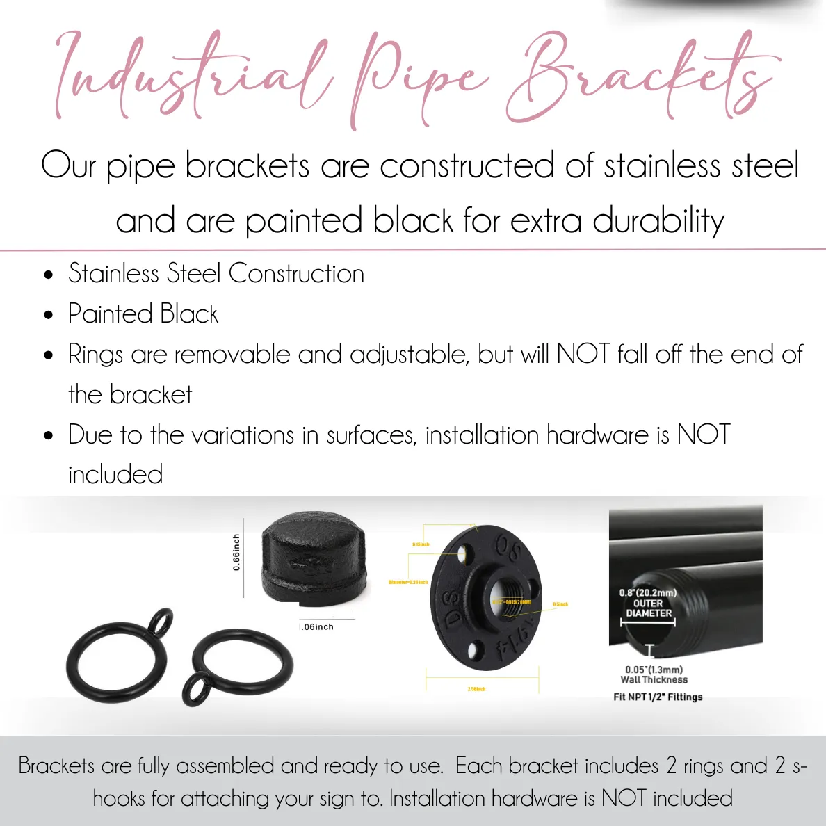Industrial Pipe Bracket with Adjustable Rings for Custom Signage- 1/2" x 30"- BRACKET ONLY