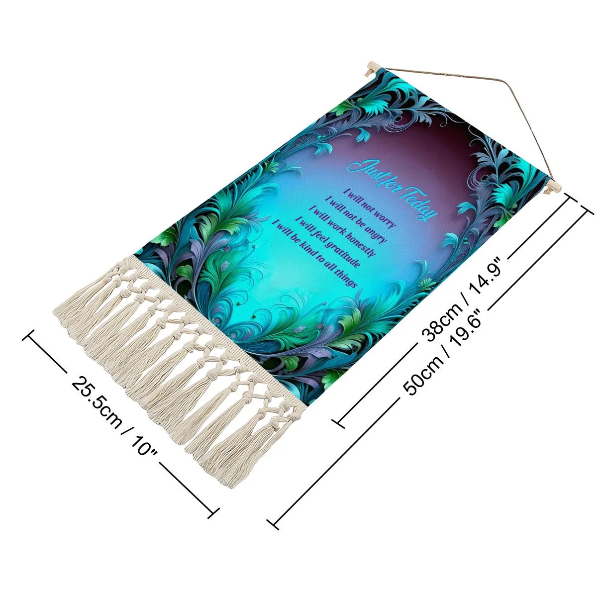 Inspirational Fringed Canvas Wall Hanging, Reiki Principles, Blue Feathers Art Nouveau Border