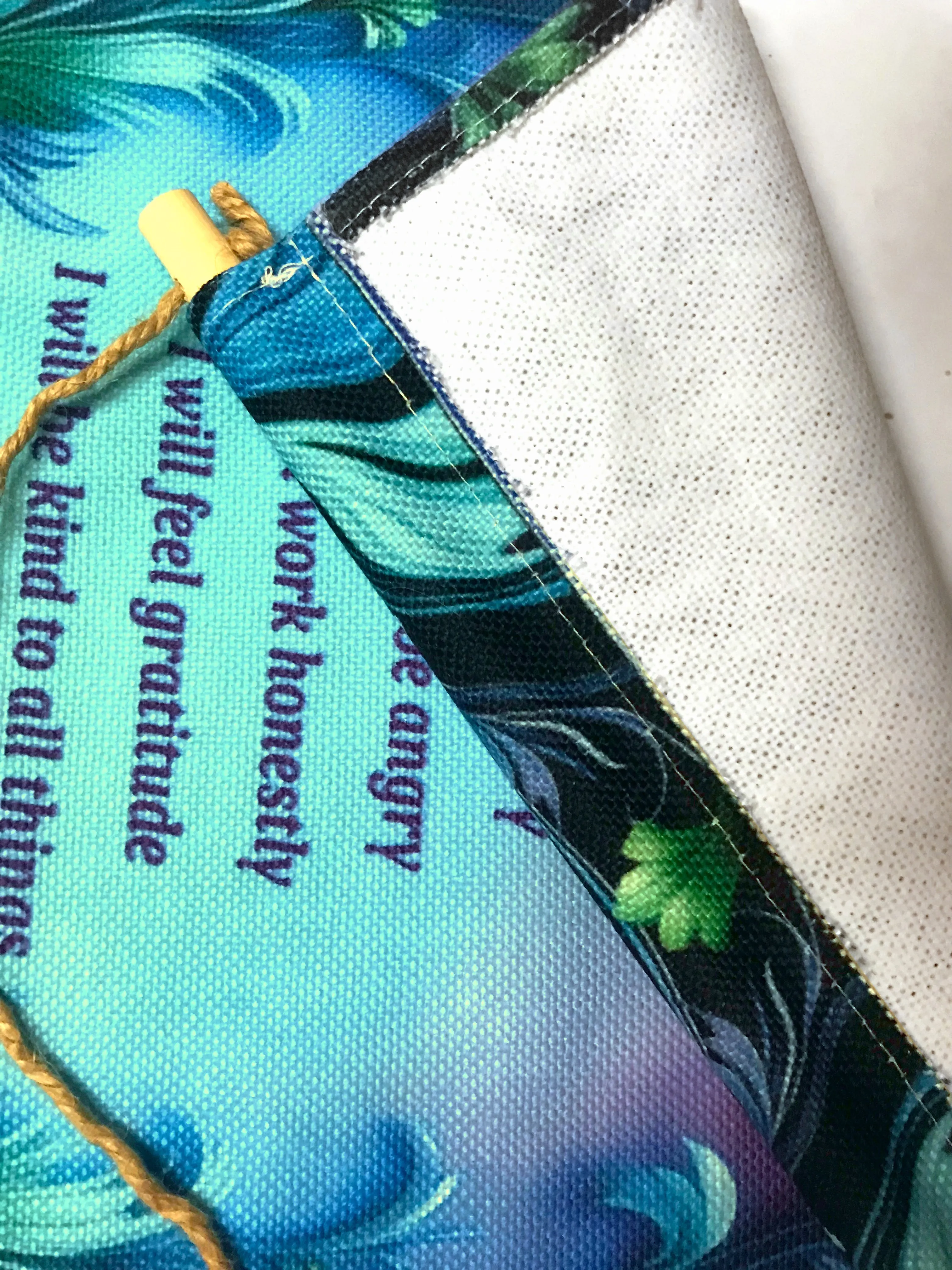 Inspirational Fringed Canvas Wall Hanging, Reiki Principles, Blue Feathers Art Nouveau Border