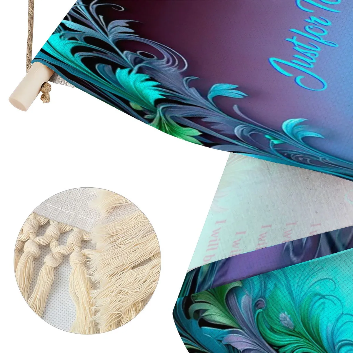 Inspirational Fringed Canvas Wall Hanging, Reiki Principles, Blue Feathers Art Nouveau Border