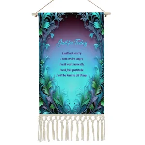 Inspirational Fringed Canvas Wall Hanging, Reiki Principles, Blue Feathers Art Nouveau Border