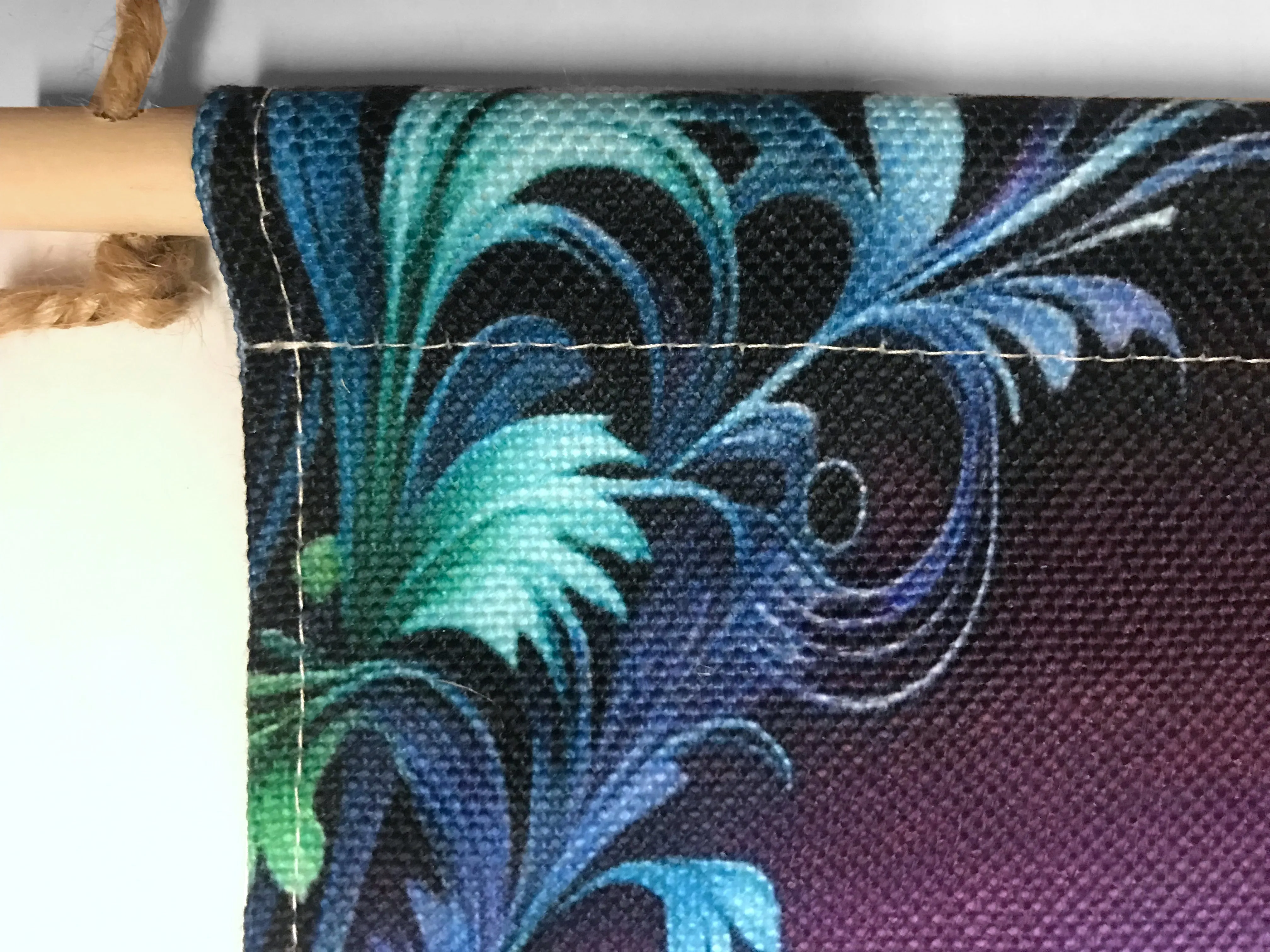Inspirational Fringed Canvas Wall Hanging, Reiki Principles, Blue Feathers Art Nouveau Border