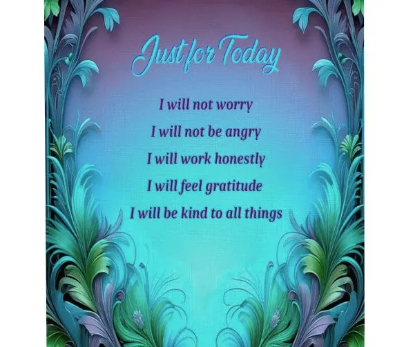 Inspirational Fringed Canvas Wall Hanging, Reiki Principles, Blue Feathers Art Nouveau Border