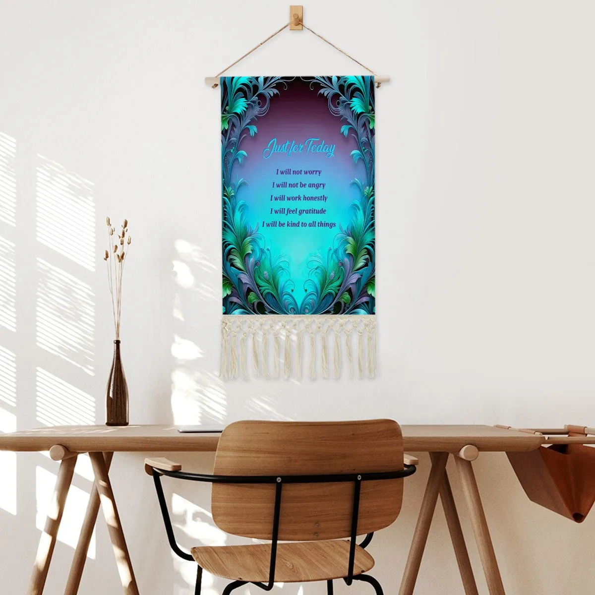 Inspirational Fringed Canvas Wall Hanging, Reiki Principles, Blue Feathers Art Nouveau Border