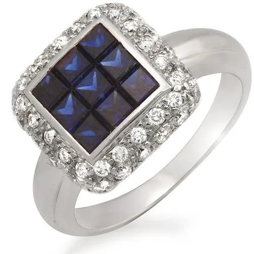 Invisible Set Blue Sapphire & Diamond Ring In 18k White Gold