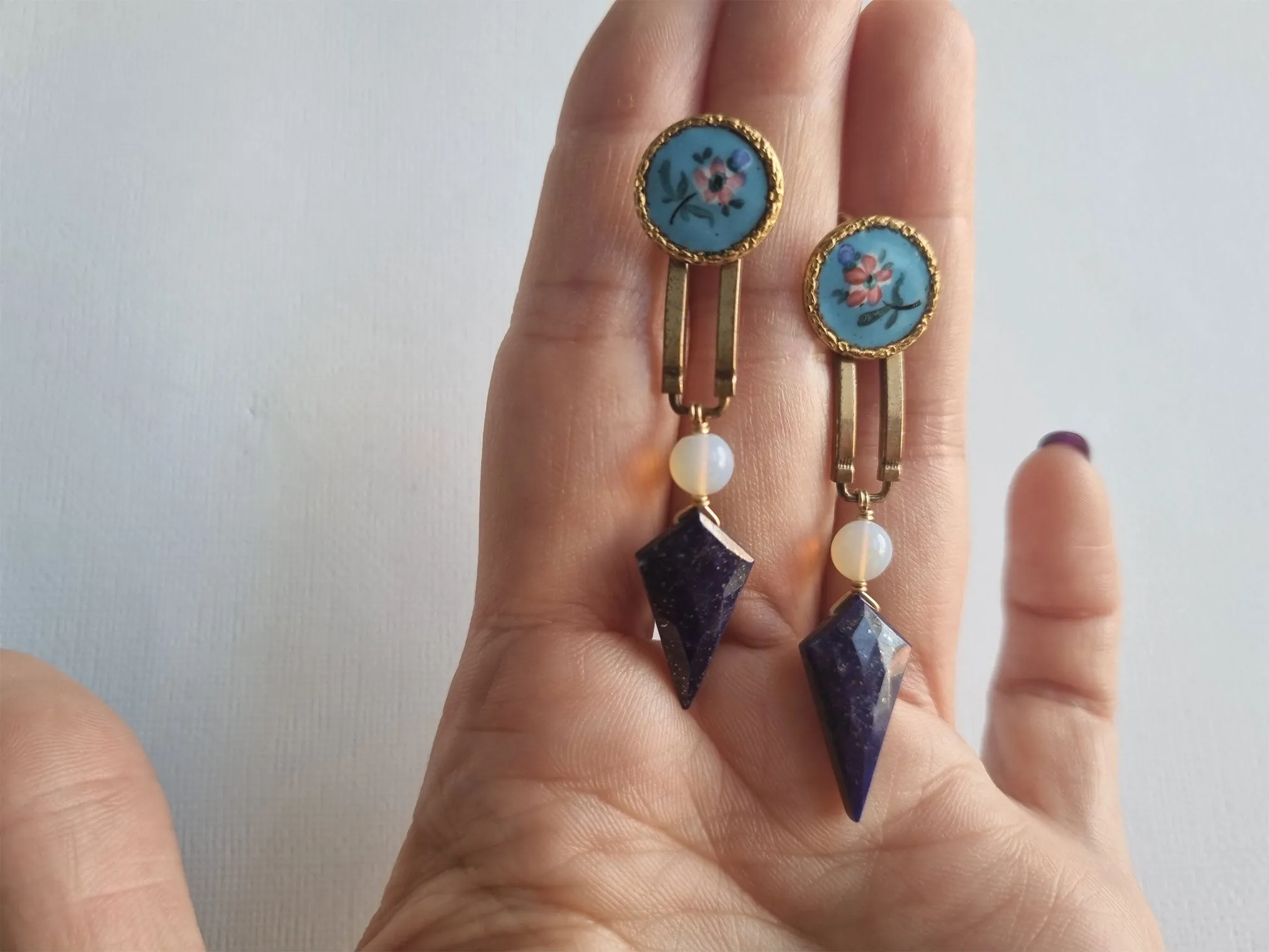 iron maiden | antique button opal lapis lazuli long earrings