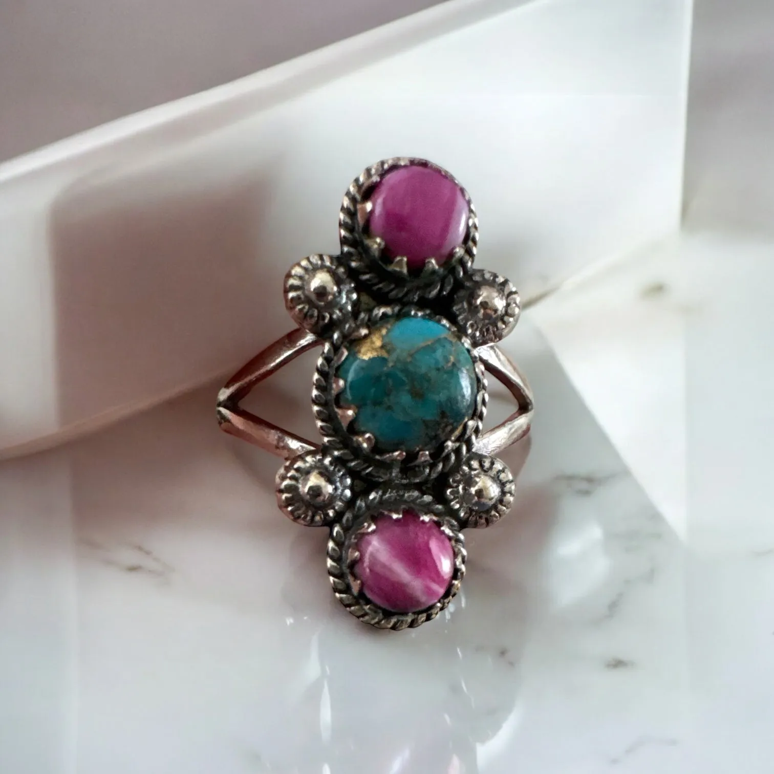 Kingman Turquoise & Pink Dahlia Solid 925 Sterling Silver Ring 9