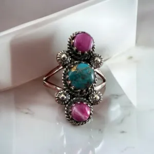 Kingman Turquoise & Pink Dahlia Solid 925 Sterling Silver Ring 9