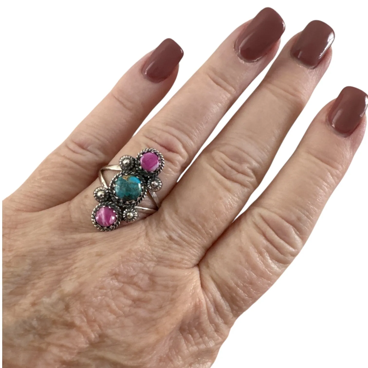 Kingman Turquoise & Pink Dahlia Solid 925 Sterling Silver Ring 9