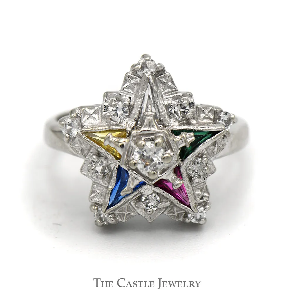 Ladies Eastern Star Ring with White Sapphires in 10K White Gold
