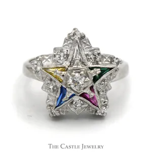 Ladies Eastern Star Ring with White Sapphires in 10K White Gold