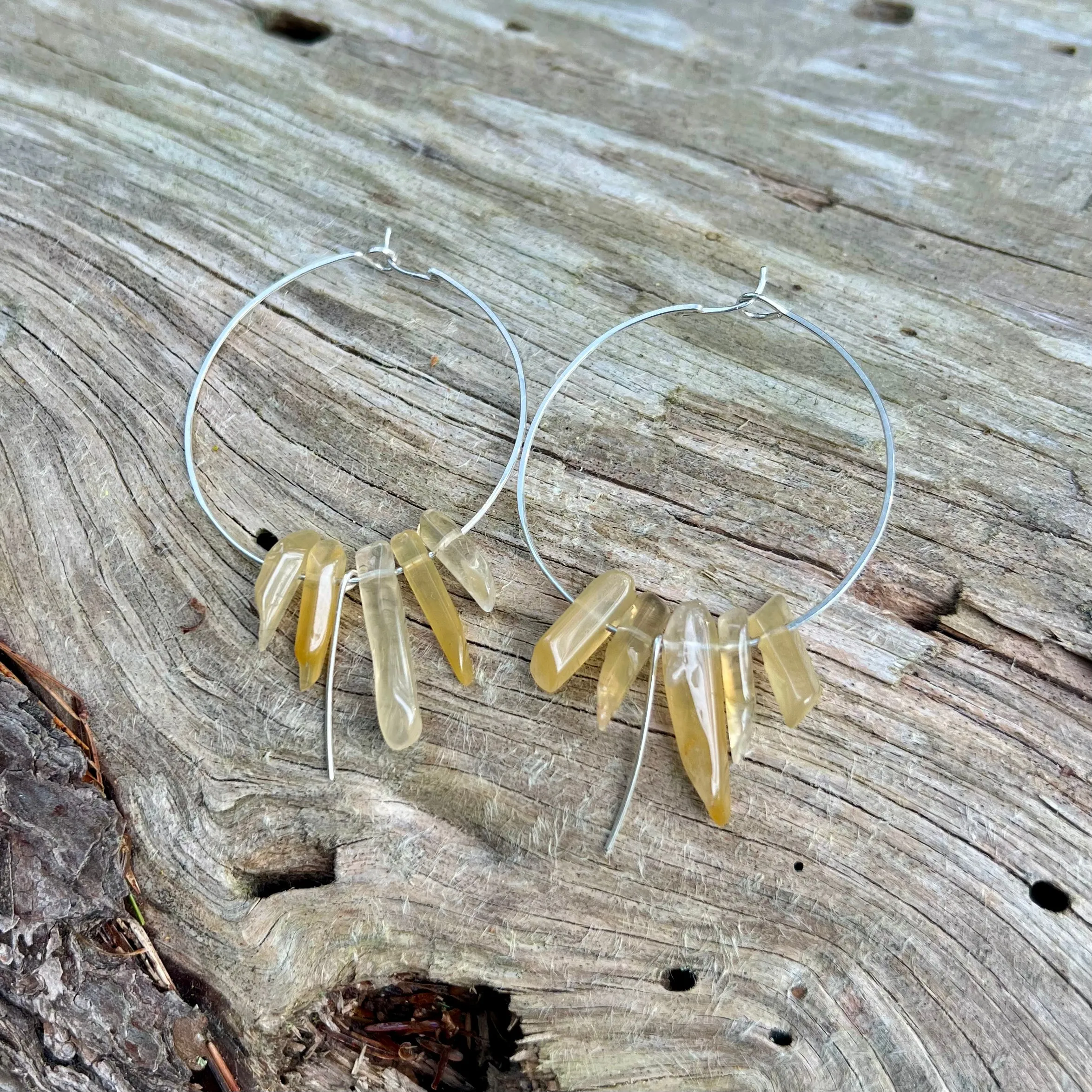 Large Crystal Fringe Hoop Earrings with Healing Gemstones in Sterling Silver & Brass