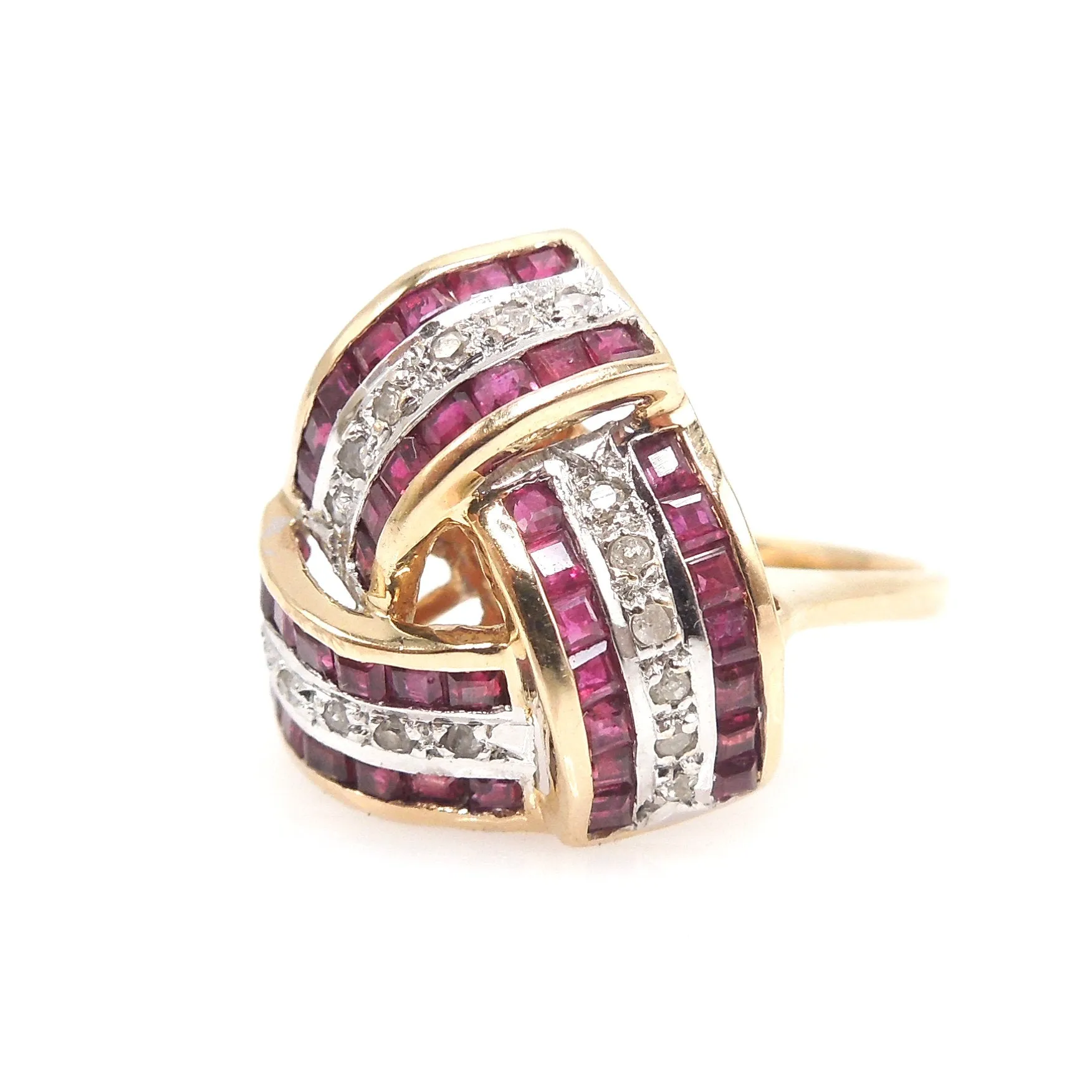 Large Ruby and Diamond Infinity Swirl Ring in Yellow Gold