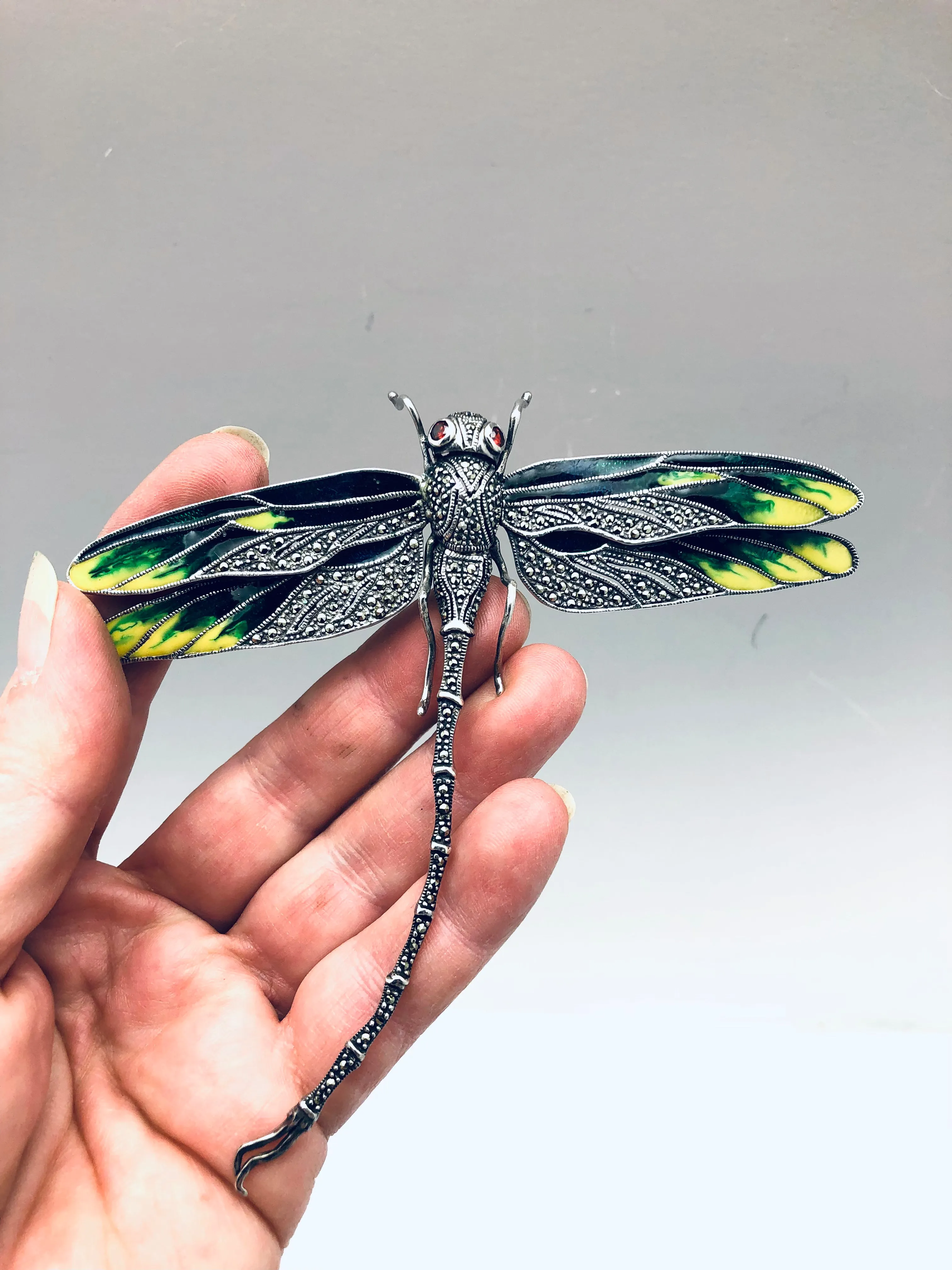 Large sterling Silver Enamel Dragonfly Brooch