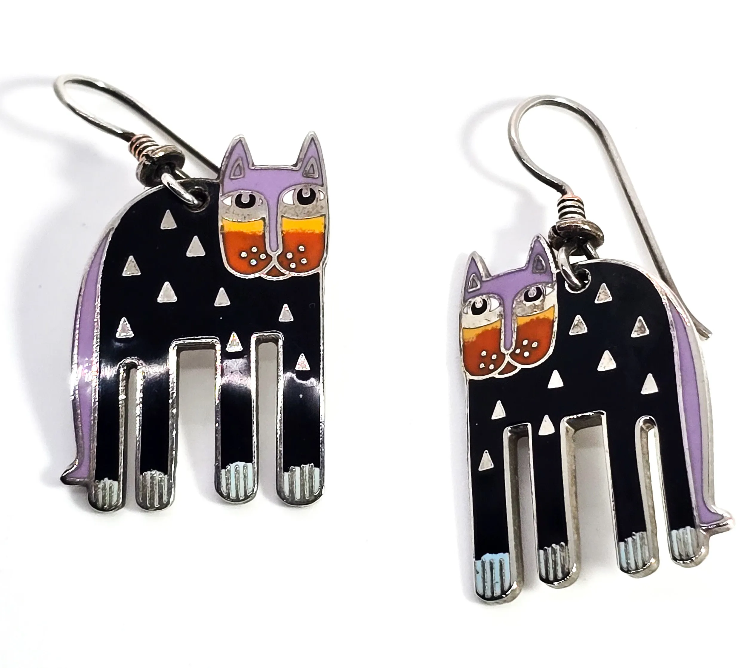 Laurel Burch Alexander's Animal Cat enamel Rhodium plated vintage Earrings 1980's