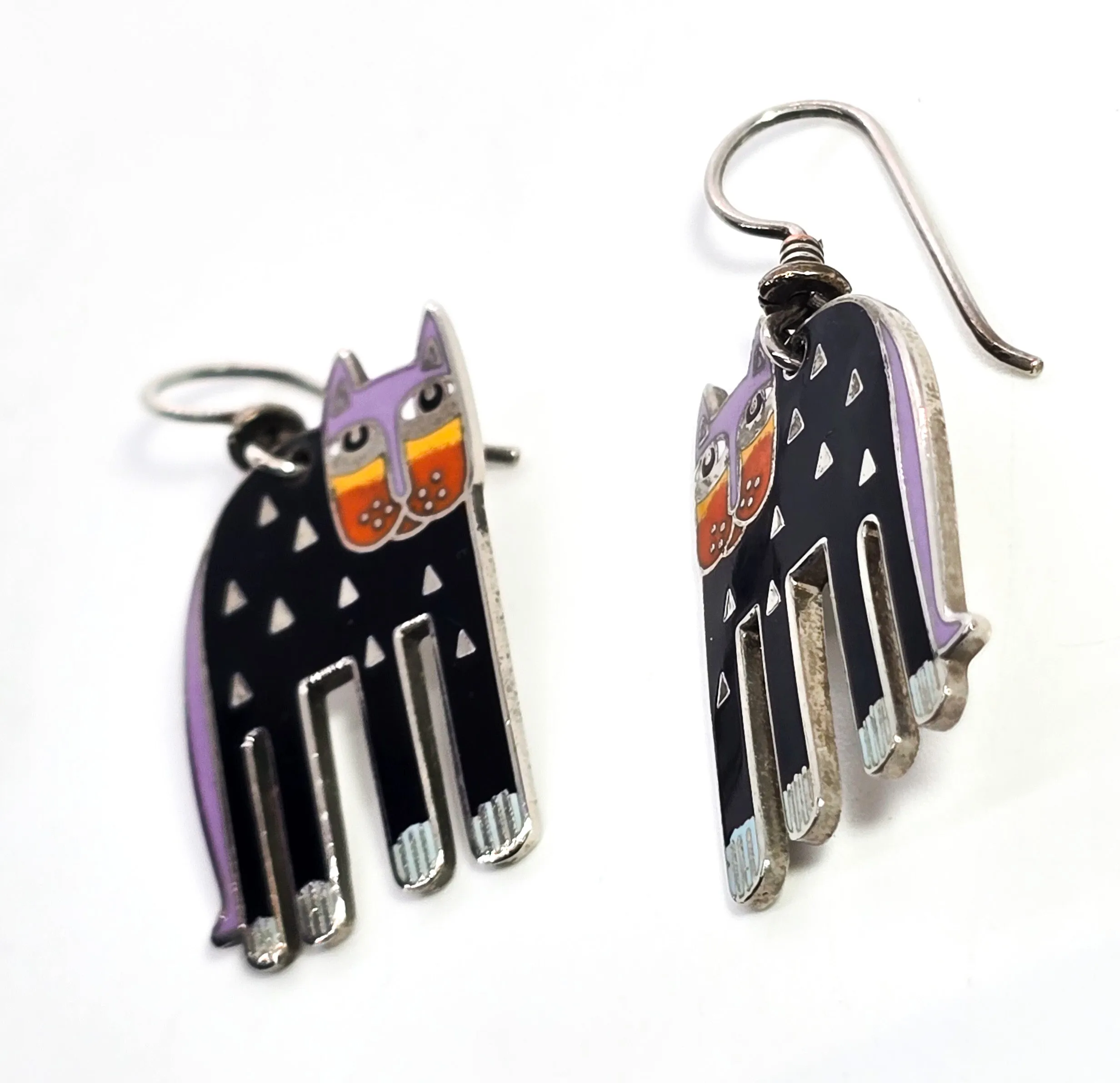 Laurel Burch Alexander's Animal Cat enamel Rhodium plated vintage Earrings 1980's