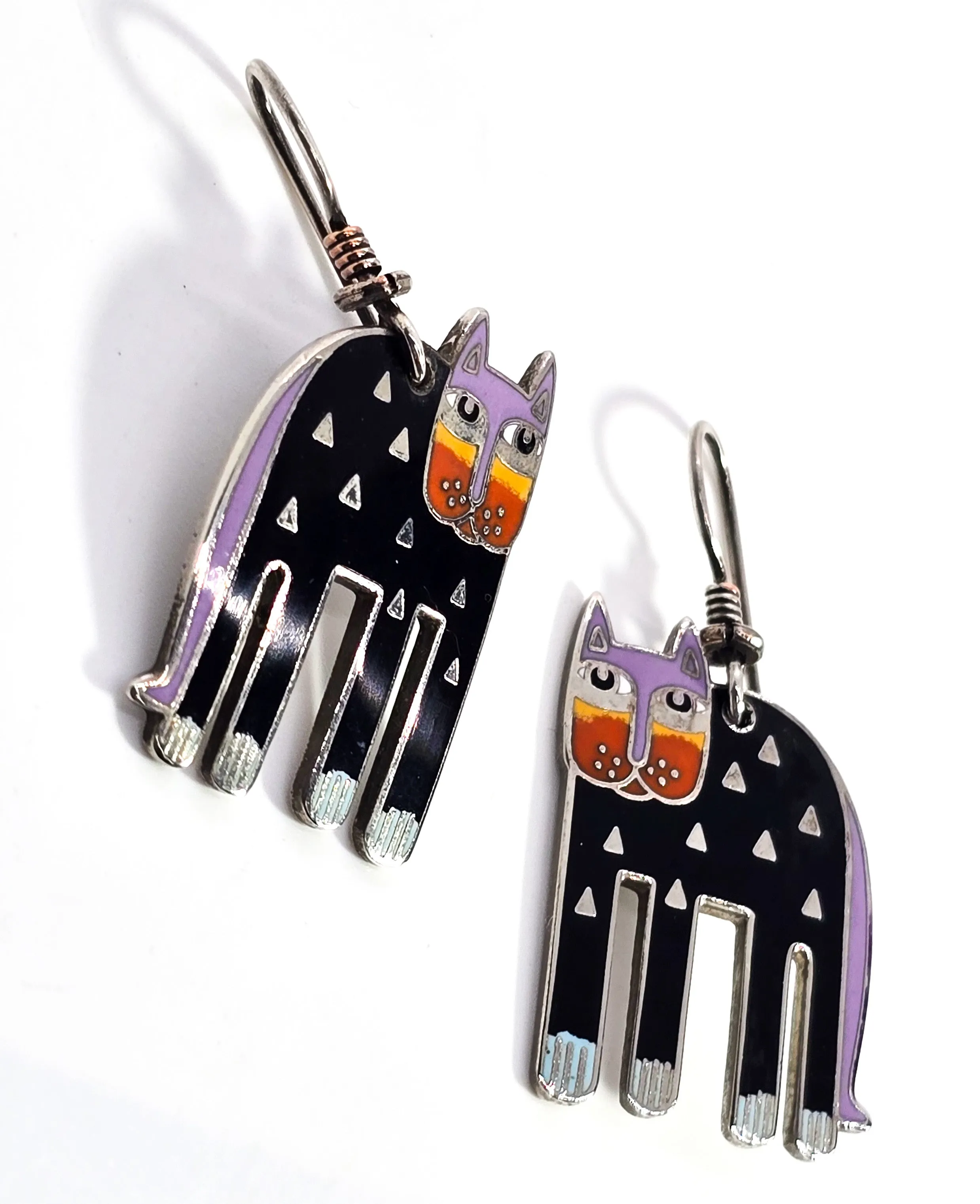 Laurel Burch Alexander's Animal Cat enamel Rhodium plated vintage Earrings 1980's