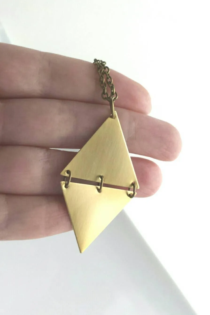 Long Gold Necklace, hinged triangles, geometric pendant, extra long chain, antique brass finish, gold diamond shape, mixed unique necklace