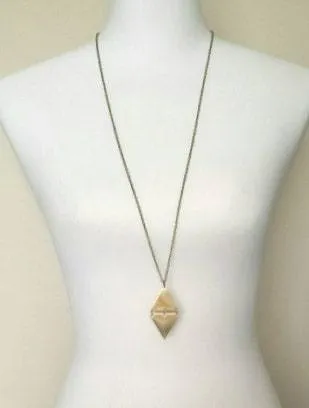 Long Gold Necklace, hinged triangles, geometric pendant, extra long chain, antique brass finish, gold diamond shape, mixed unique necklace