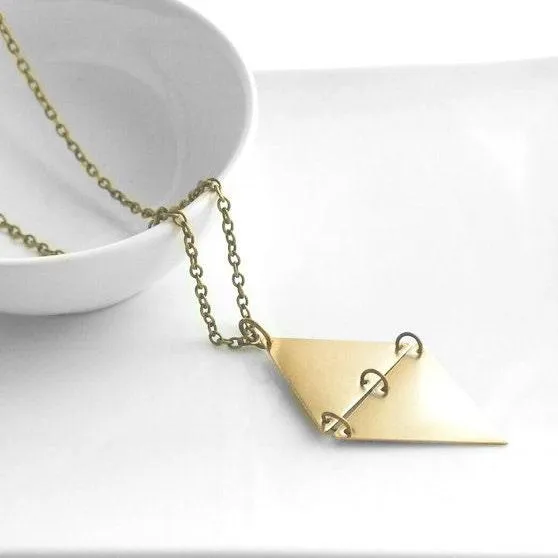 Long Gold Necklace, hinged triangles, geometric pendant, extra long chain, antique brass finish, gold diamond shape, mixed unique necklace