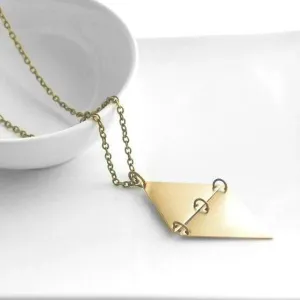 Long Gold Necklace, hinged triangles, geometric pendant, extra long chain, antique brass finish, gold diamond shape, mixed unique necklace
