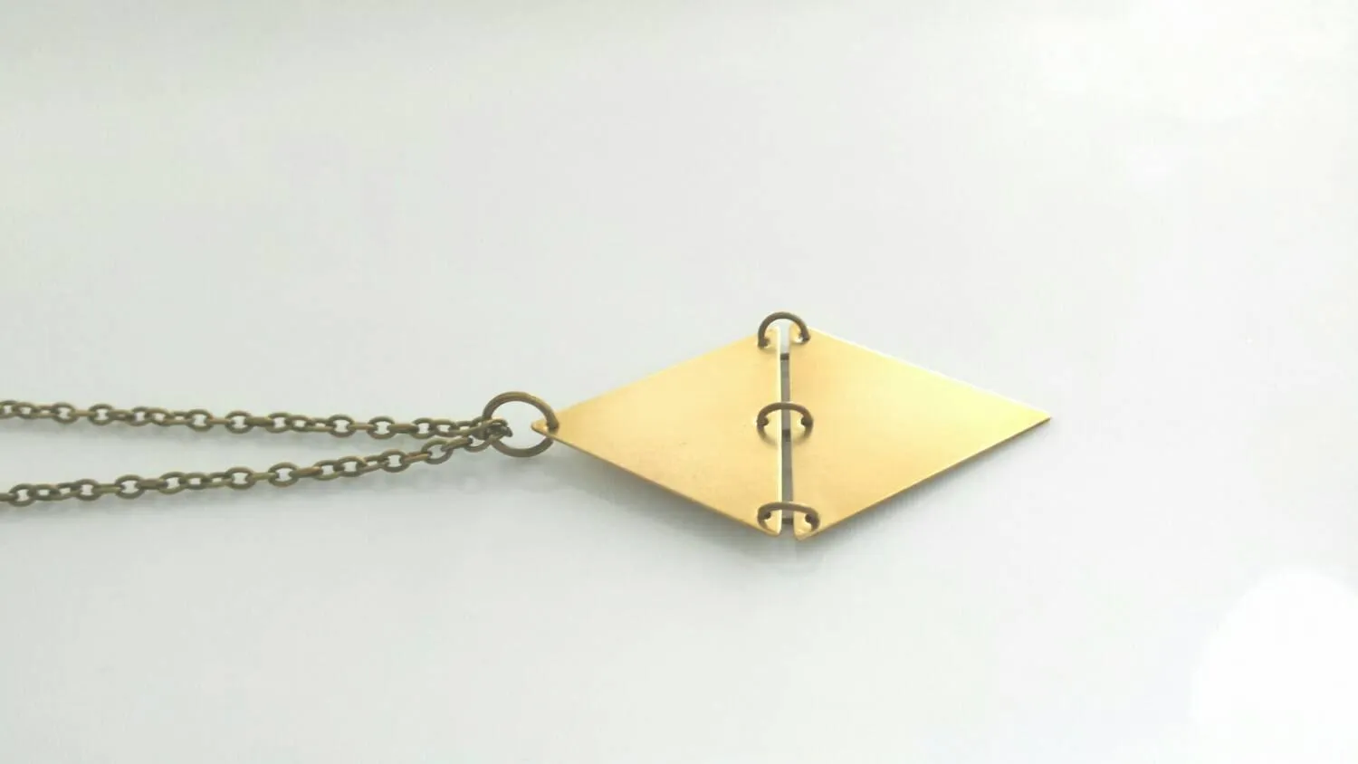 Long Gold Necklace, hinged triangles, geometric pendant, extra long chain, antique brass finish, gold diamond shape, mixed unique necklace