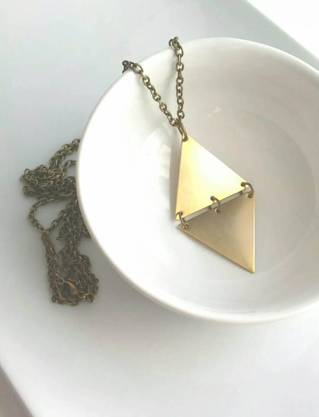 Long Gold Necklace, hinged triangles, geometric pendant, extra long chain, antique brass finish, gold diamond shape, mixed unique necklace