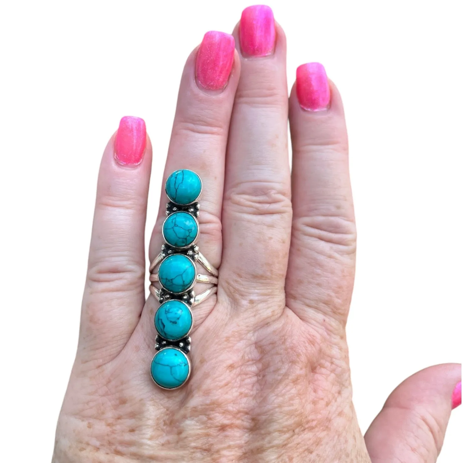 Long Turquoise Solid 925 Sterling Silver Ring 6
