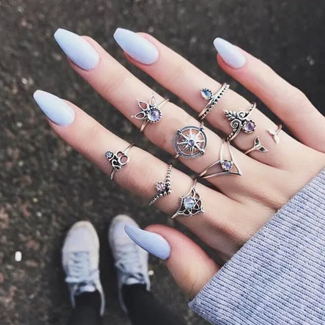 Meyfflin Vintage Knuckle Ring Set for Women Fashion Anel Aneis Bague Femme Stone Silver Midi Finger Rings Boho Jewelry 10pcs/Set