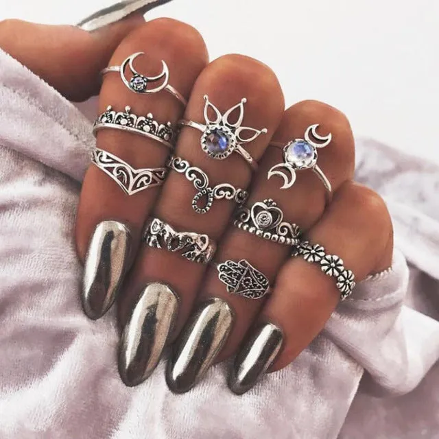 Meyfflin Vintage Knuckle Ring Set for Women Fashion Anel Aneis Bague Femme Stone Silver Midi Finger Rings Boho Jewelry 10pcs/Set