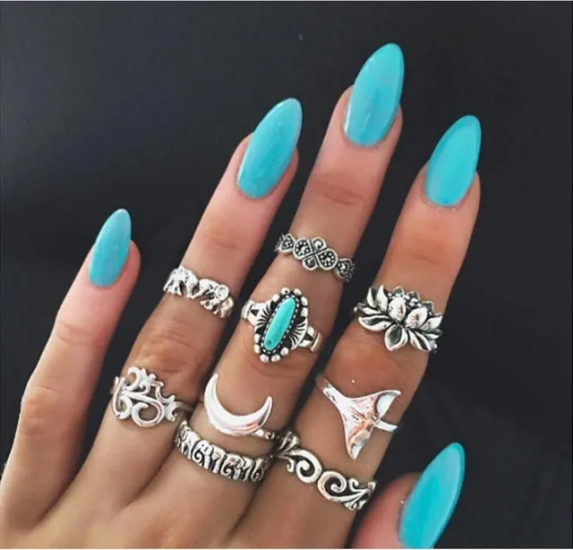 Meyfflin Vintage Knuckle Ring Set for Women Fashion Anel Aneis Bague Femme Stone Silver Midi Finger Rings Boho Jewelry 10pcs/Set