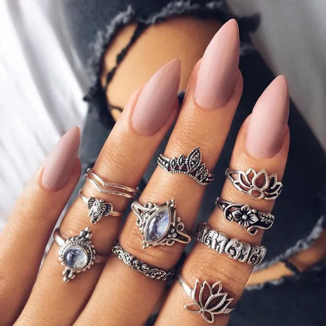 Meyfflin Vintage Knuckle Ring Set for Women Fashion Anel Aneis Bague Femme Stone Silver Midi Finger Rings Boho Jewelry 10pcs/Set